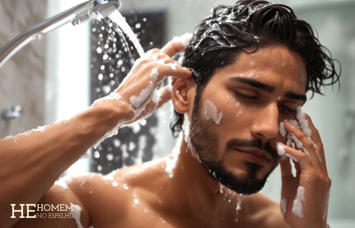 Homem No Espelho - banho masculino - como lavar corpo, rosto e cabelo